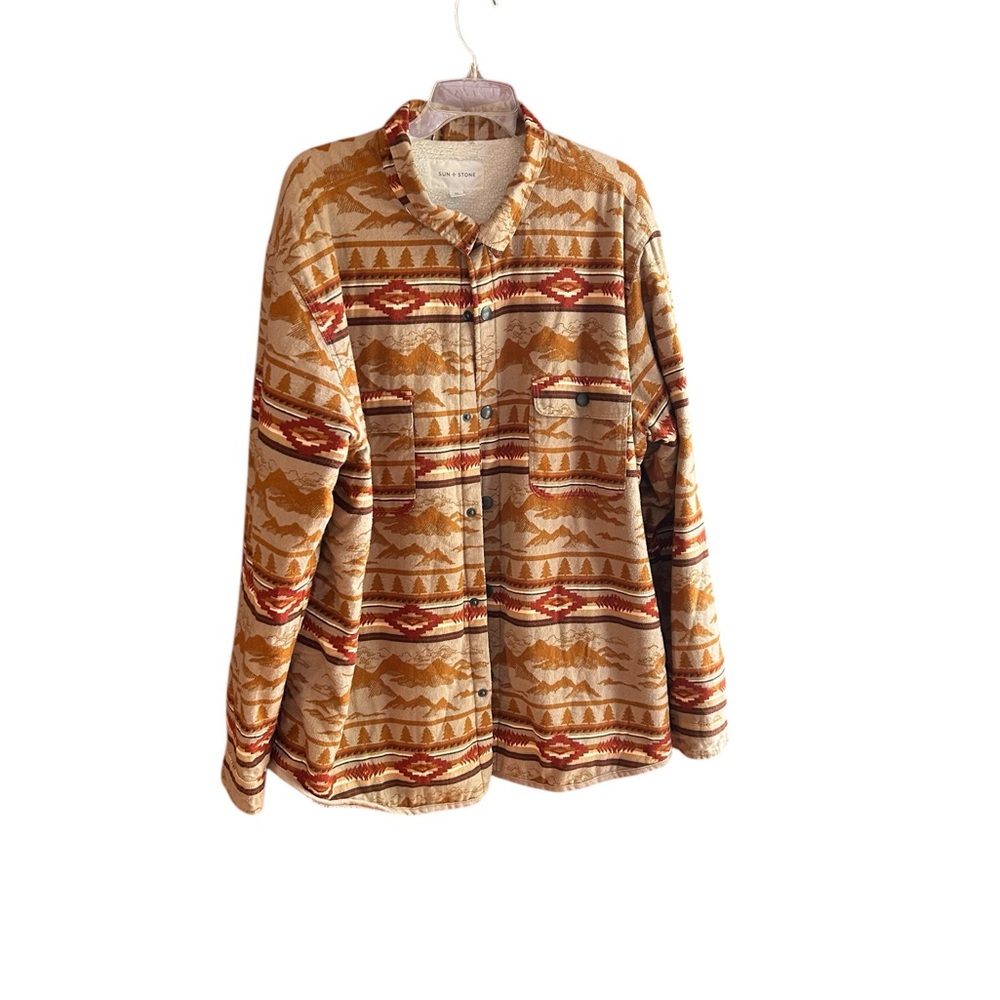 SUN & STONE Men's Aztec design Mountainscape cotton jacket Sz XXL